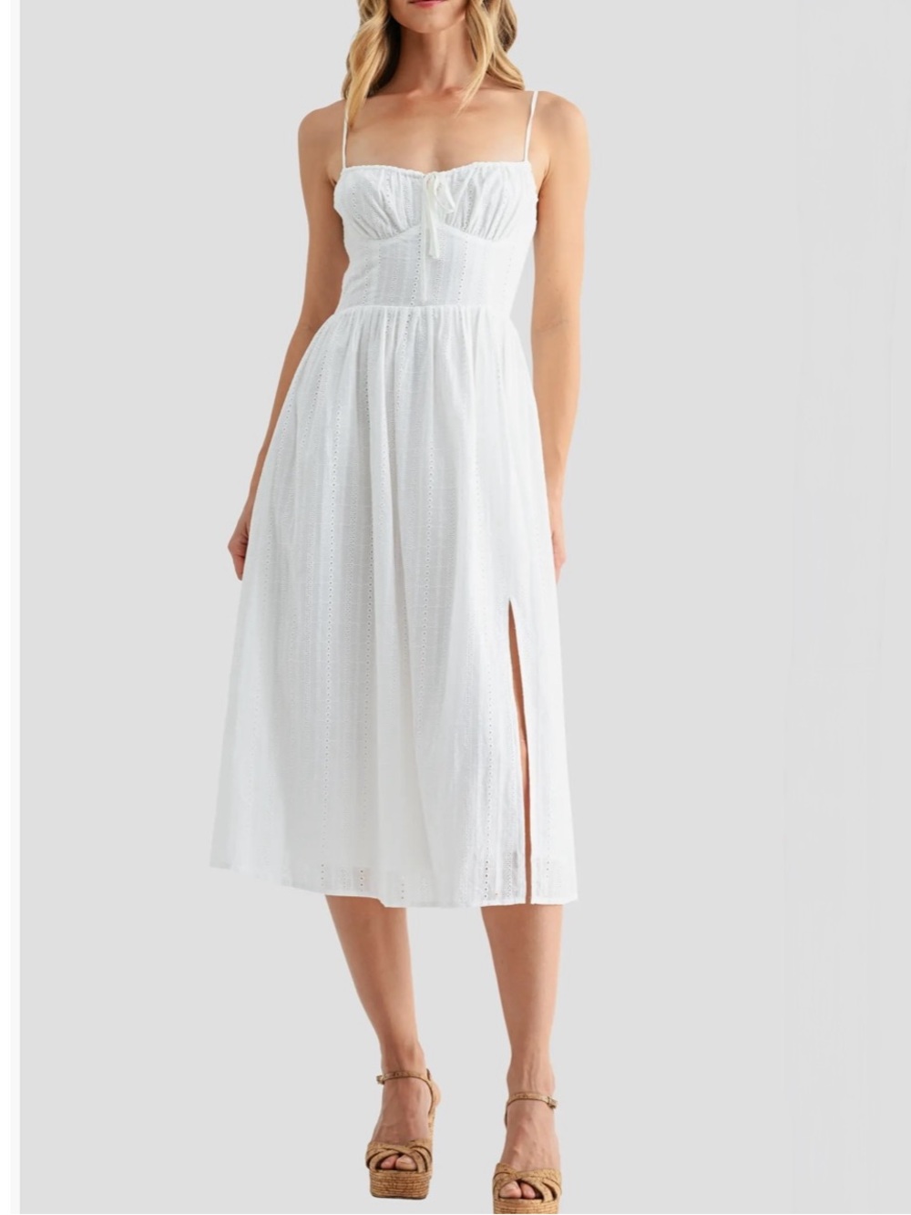 All in favor Corset Midi Sundress White Eyelet Midi Dress with Spaghetti Strap S